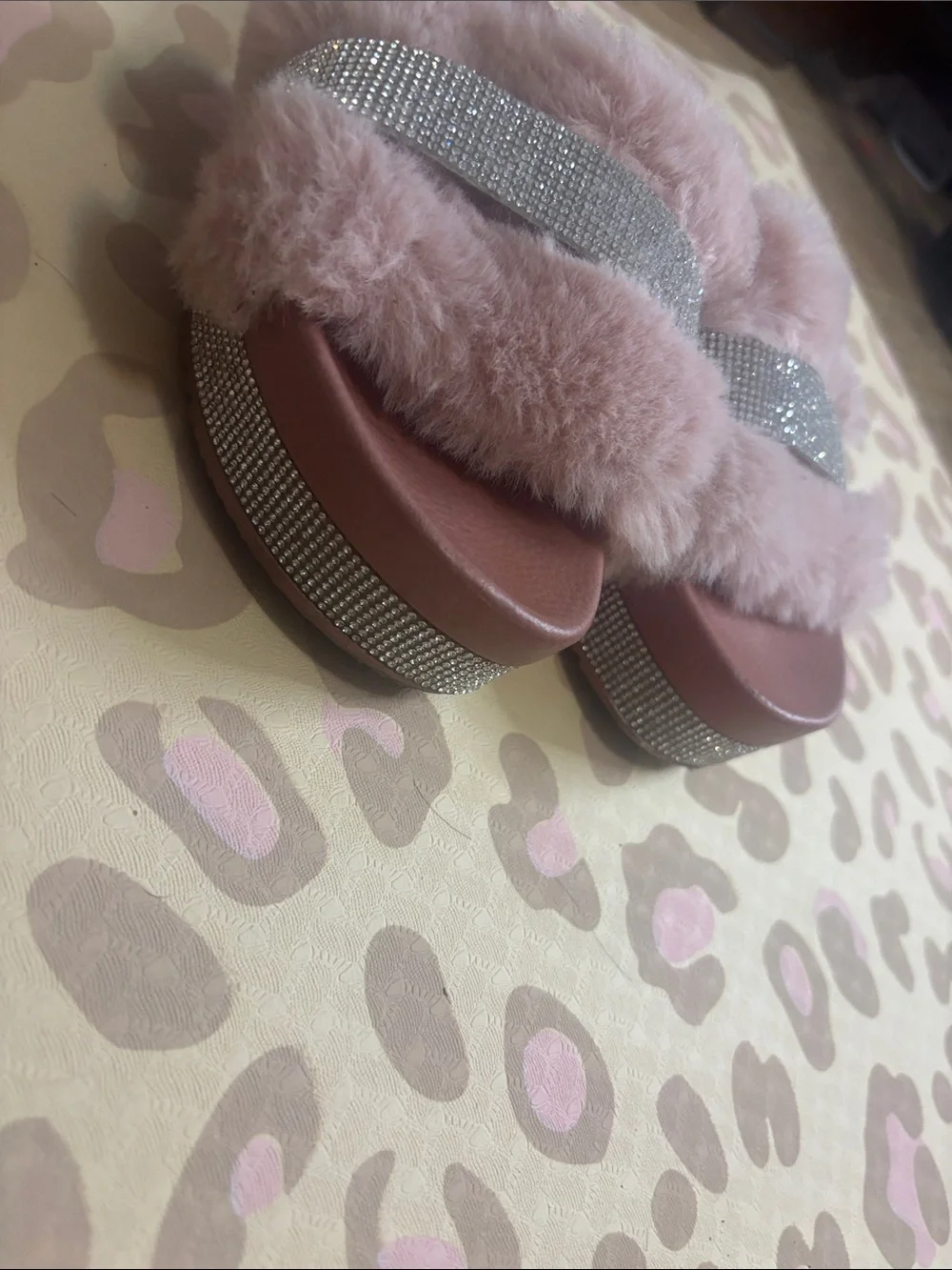 Fashion Nova Dusty Pink Faux Fur Slide Sandals with Rhinestone Band